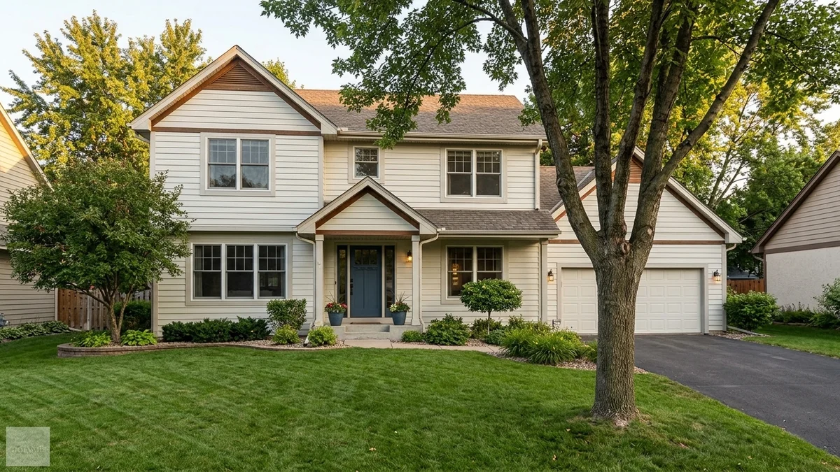 A moving truck parked outside a two-story Minnesota home in early autumn, with a family carrying boxes down the front walk, representing a family preparing to sell an estate in the Twin Cities South Metro.
