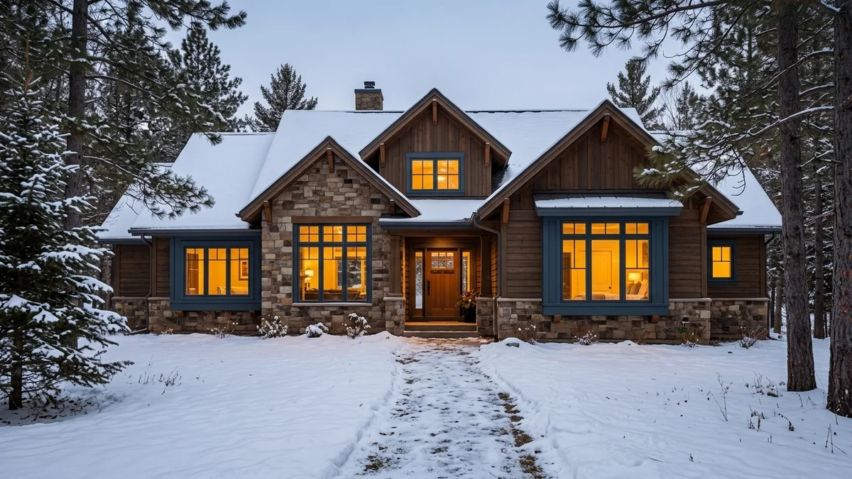 A snow-covered Minnesota home in winter with a suitcase and packed moving boxes by the front door, representing a snowbird homeowner preparing to sell before relocating south for good.